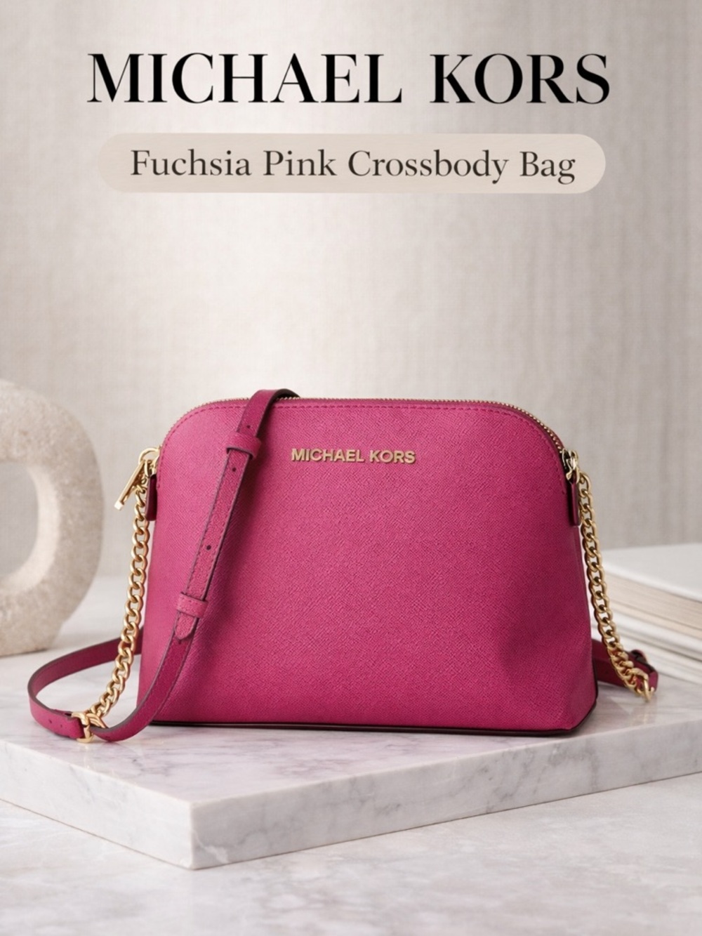 Michael Kors Fuchsia Pink Saffiano Leather Crossbody with Chain & Leather Strap - Picture 2 of 11